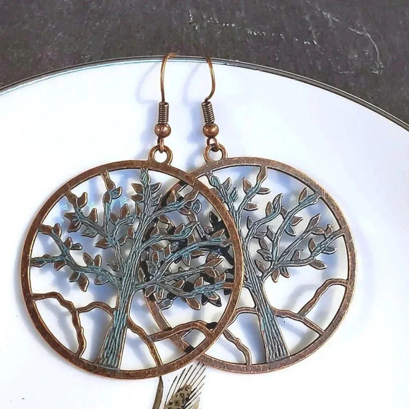 Antique Copper Verdigris Blue Green Patina Open Tree of Life Earrings - Picture 4 of 7